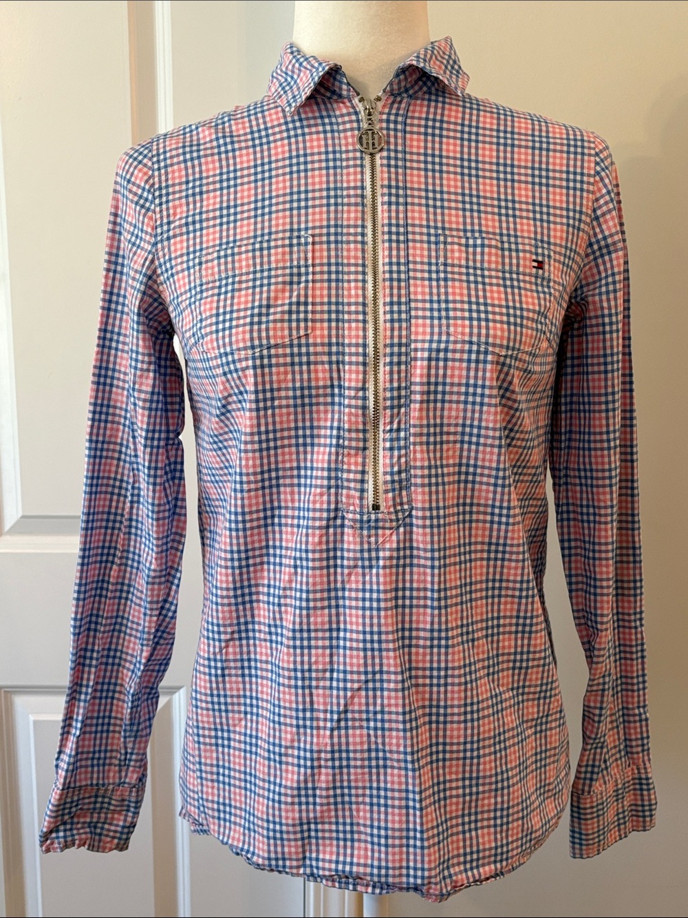 Tommy Hilfiger Pink & Blue Plaid Half-Zip Pullover w/silver tone buttons.